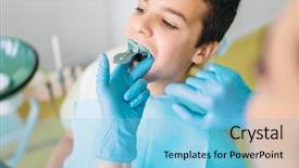  Presentation with pediatric dentist - PPT layouts enhanced with pediatric surgery - female dentist makes teeth impression background and a light blue colored foreground