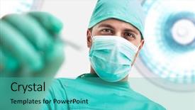  Presentation with work - Slide set with pediatric surgery - portrait of a surgeon background and a teal colored foreground