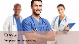  Presentation with new parents doctor - Colorful PPT theme enhanced with pediatric surgery - portrait of an handsome doctor backdrop and a coral colored foreground