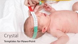  Presentation with baby doctor - Slide set featuring pediatrician examines two week old baby doctor using measurement tape checking newborn's head size newborn check-up concept background and a coral colored foreground