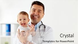  Presentation with exam - Theme featuring pediatrician holding baby on medical background and a white colored foreground