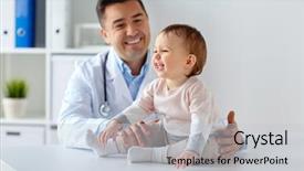  Presentation with exam - Amazing PPT layouts having pediatrician holding baby on medical backdrop and a light gray colored foreground