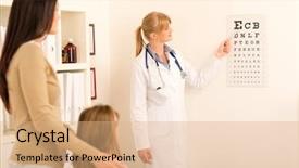  Presentation with child eye - Presentation featuring pediatrician pointing at eye chart background and a coral colored foreground