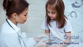  Presentation with child health care - Amazing PPT theme having pediatrician-prescribing-pills backdrop and a sky blue colored foreground