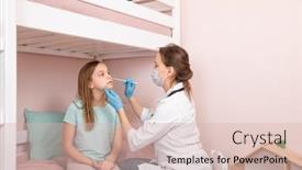  Presentation with covid coronavirus - PPT theme enhanced with pediatrician-taking-nasal-mucus-test background and a soft green colored foreground