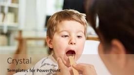  Presentation with sore throat - Slide deck featuring pediatrician-with-spatula-examines-child background and a coral colored foreground