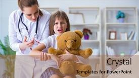 Presentation with toy - PPT theme with pediatrist - woman female doctor examining little background and a coral colored foreground