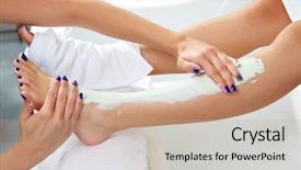  Presentation with mask - Beautiful PPT layouts featuring pedicure aplying nourishing moisturizer mask in legs of woman in nails salon backdrop and a coral colored foreground
