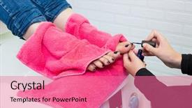  Presentation with nail spa - Slide set consisting of pedicure chair spa and woman hands painting toes nail polish after bath with pink towel background and a coral colored foreground