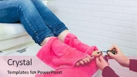 Presentation with nail spa - Audience pleasing slide deck consisting of pedicure chair spa and woman hands painting toes nail polish after bath with pink towel backdrop and a coral colored foreground