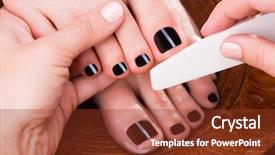 Presentation with spa concept - Presentation design consisting of pedicurist master makes pedicure on woman's legs - spa treatment concept background and a tawny brown colored foreground