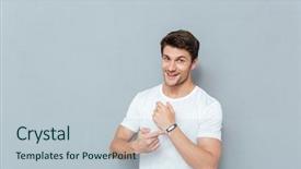  Presentation with cheerful - Presentation having pedometer - cheerful young man standing background and a lemonade colored foreground