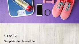  Presentation with electronic measure equipment - PPT layouts with pedometer - sport sneakers and equipment background and a sky blue colored foreground