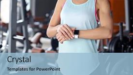  Presentation with gym - Slide set with pedometer - young woman with fitness tracker background and a  colored foreground