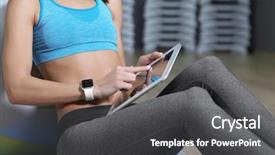  Presentation with fitness - Presentation design with pedometer - young woman with tablet computer background and a dark gray colored foreground