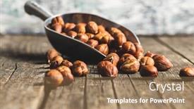  Presentation with hazelnuts - Theme featuring peeled-hazelnuts-on-old-wooden background and a coral colored foreground