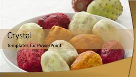  Presentation with pear - Slide set having peeled prickly pear fruit on a dish close up background and a yellow colored foreground