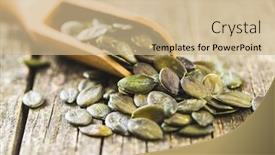  Presentation with pumpkin seeds - PPT theme enhanced with peeled pumpkin seeds in wooden scoop background and a coral colored foreground
