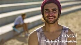  Presentation with gold man smile - Audience pleasing theme consisting of peer pressure - smiling yet uncertain young man backdrop and a violet colored foreground