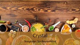  Presentation with old wooden table food - Audience pleasing PPT theme consisting of peking - asian food table with various backdrop and a gold colored foreground