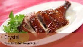  Presentation with duck - Audience pleasing theme consisting of peking - chinese asian roast duck whole backdrop and a red colored foreground