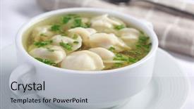  Presentation with asian dumplings in broth bowl - Theme enhanced with pelmeni-with-chicken-broth background and a light gray colored foreground