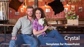  Presentation with man sitting bench - Amazing slide set having pelt - man and woman sitting backdrop and a  colored foreground