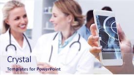  Presentation with smartphone - Slide set featuring pelvis - hand holding smartphone against smiling background and a sky blue colored foreground