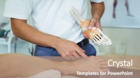  Presentation with patient simulation - Colorful slide set enhanced with pelvis - physiotherapist explaining feet model backdrop and a coral colored foreground