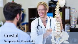  Presentation with spine - Amazing slide deck having pelvis - physiotherapist explaining spine model backdrop and a light blue colored foreground