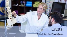  Presentation with spine - Slide set enhanced with pelvis - physiotherapist explaining spine model background and a light blue colored foreground