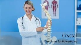  Presentation with spine - Presentation design with pelvis - portrait of physiotherapist holding spine background and a light blue colored foreground