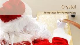  Presentation with santa claus holding scroll paper - Slide set enhanced with old fashion pen - rear view over santa claus' background and a lemonade colored foreground