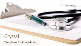 Presentation with clipboard stethoscope - Slide deck consisting of pen and a medical questionnaire background and a cream colored foreground