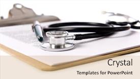  Presentation with clipboard stethoscope - Beautiful theme featuring pen and a medical questionnaire backdrop and a  colored foreground