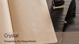  Presentation with feather pen - Beautiful slides featuring pen and blank notebook page backdrop and a coral colored foreground