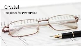  Presentation with fountain pen - Presentation enhanced with happy businesswoman holding euro and dollar sign at desk background and a gray colored foreground