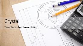  Presentation with crane hook - PPT theme enhanced with pen and pencil calculator on hook crane drafting background and a sky blue colored foreground