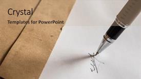  Presentation with old paper pen rolls - Amazing presentation design having pen and signature on paper backdrop and a coral colored foreground