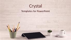  Presentation with office desk reception - Presentation design featuring pen board coffee in front background and a lemonade colored foreground