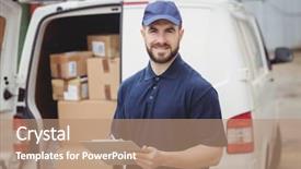  Presentation with delivery van - Cool new slide deck with delivery man writing on clipboard backdrop and a coral colored foreground