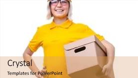  Presentation with courier firm analysis - Colorful slide set enhanced with shirt on white clean background backdrop and a gold colored foreground