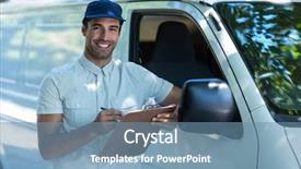  Presentation with delivery van - PPT theme with service truck - portrait of smart delivery man background and a  colored foreground