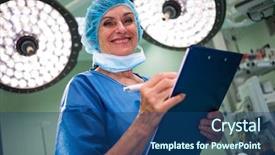  Presentation with operation room - Audience pleasing PPT theme consisting of portrait of smiling female surgeon backdrop and a ocean colored foreground