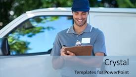 Presentation with delivery van - Slides enhanced with smiling delivery person writing in clipboard while standing by van background and a light blue colored foreground