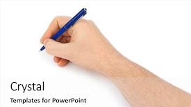  Presentation with writing pen - Colorful slides enhanced with pen in hand isolated backdrop and a sky blue colored foreground