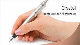  Presentation with writing pen - Cool new slide deck with pen in woman hand isolated backdrop and a white colored foreground