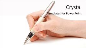  Presentation with writing pen - Amazing PPT theme having pen in woman hand isolated backdrop and a white colored foreground
