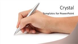  Presentation with writing pen - Amazing PPT theme having the man's hand backdrop and a sky blue colored foreground