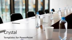  Presentation with conference table - Beautiful slide deck featuring pen nobody in room backdrop and a light gray colored foreground